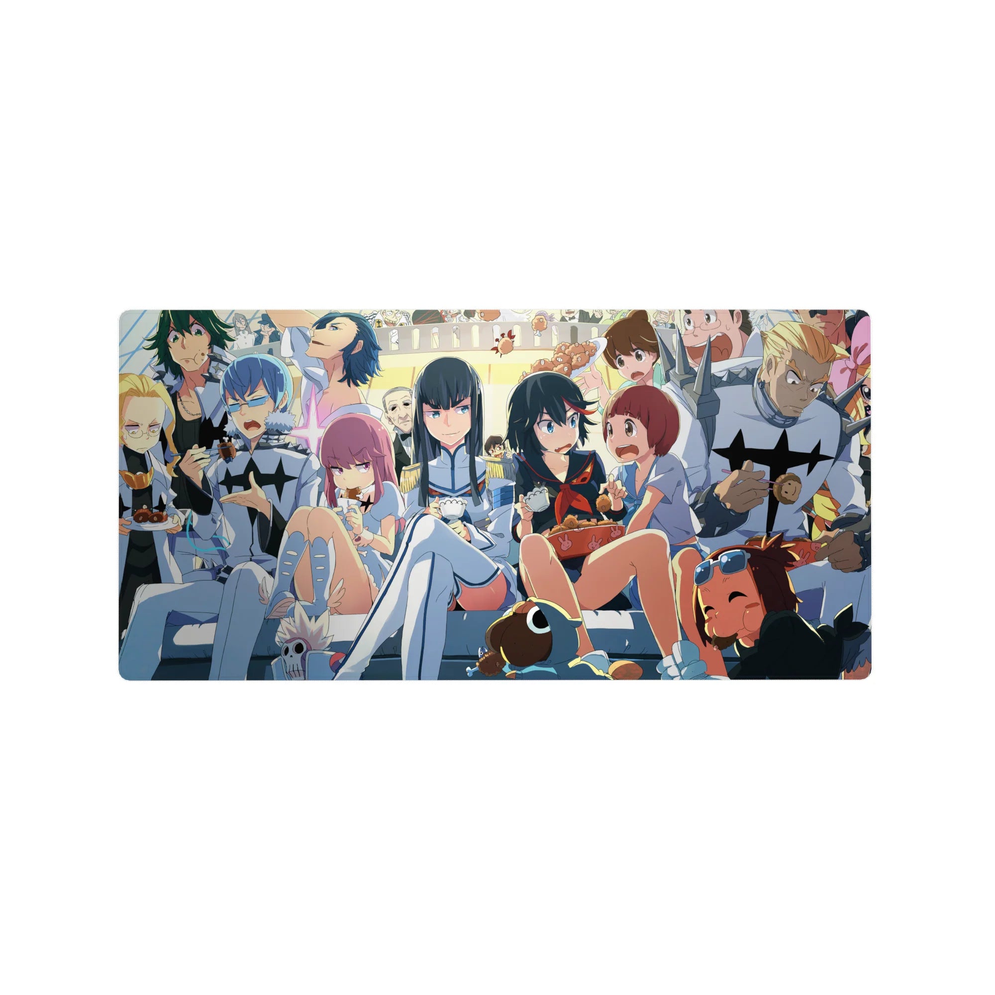 32x16 inches anime girl mouse pad with snack-time group scene, bowls, skewers, mascots, doodle wall.