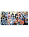32x16 inches anime girl mouse pad with snack-time group scene, bowls, skewers, mascots, doodle wall.