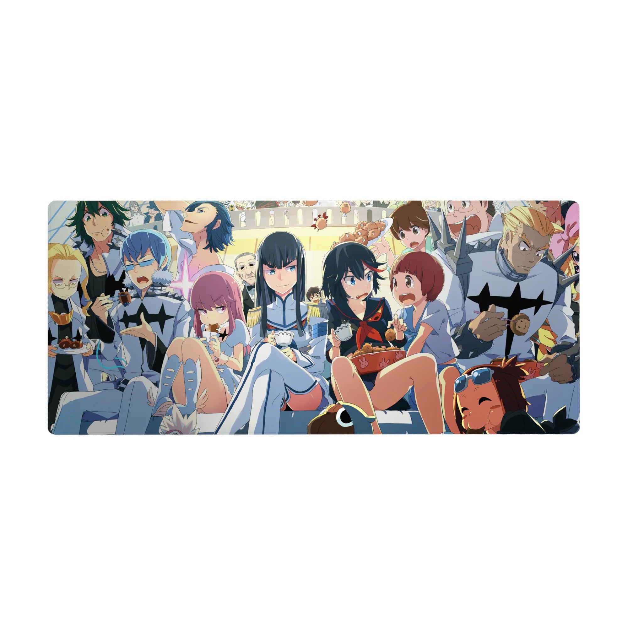 36x16 inches anime girl desk pad with snack-party scene, bowls, skewers, mascots, and doodle wall.