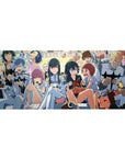 36x16 inches anime girl desk pad with snack-party scene, bowls, skewers, mascots, and doodle wall.