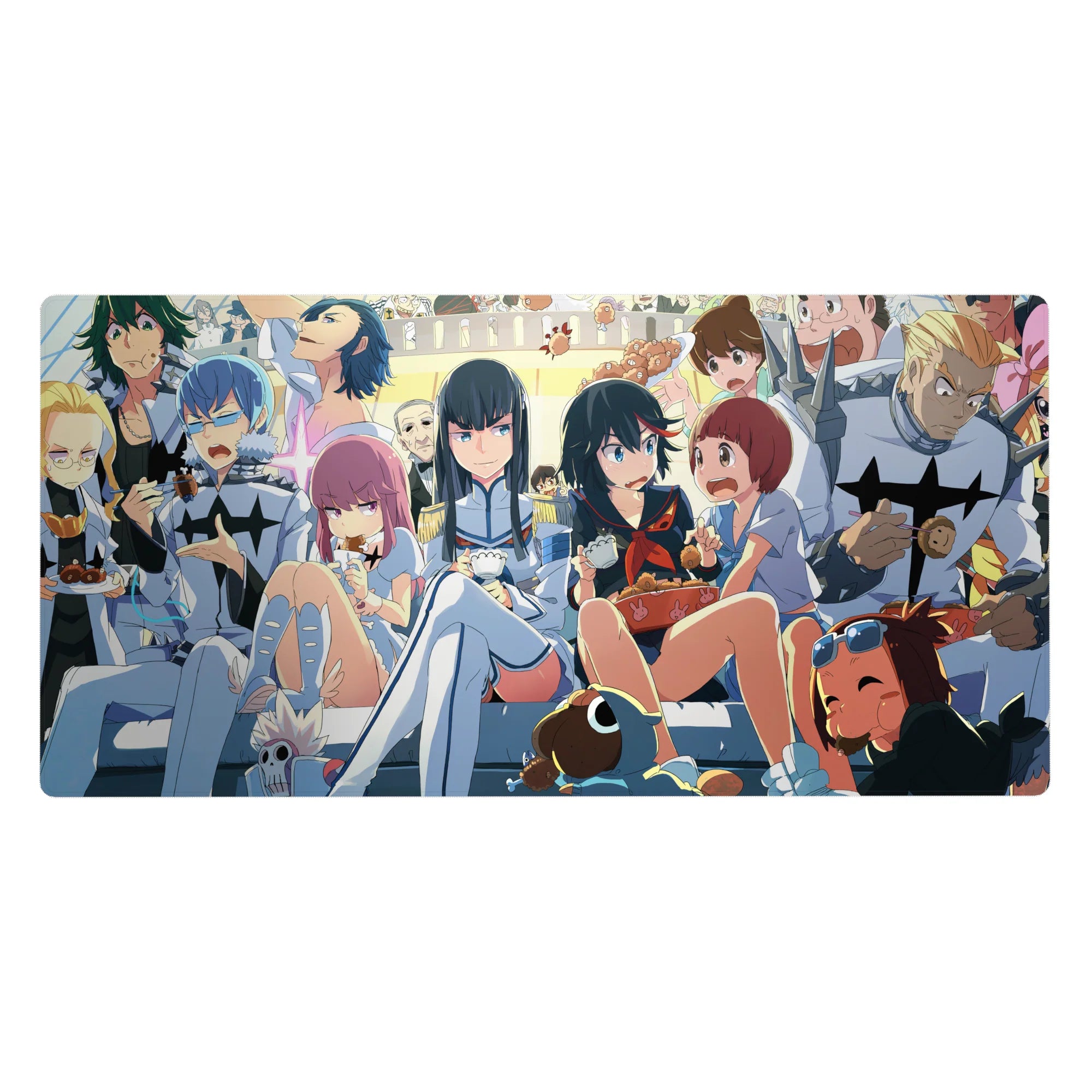 Anime girl desk pad 40x20 inches with snack-time crowd, mascots, doodles, and bold anime expressions.