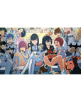 Anime girl desk pad 40x20 inches with snack-time crowd, mascots, doodles, and bold anime expressions.