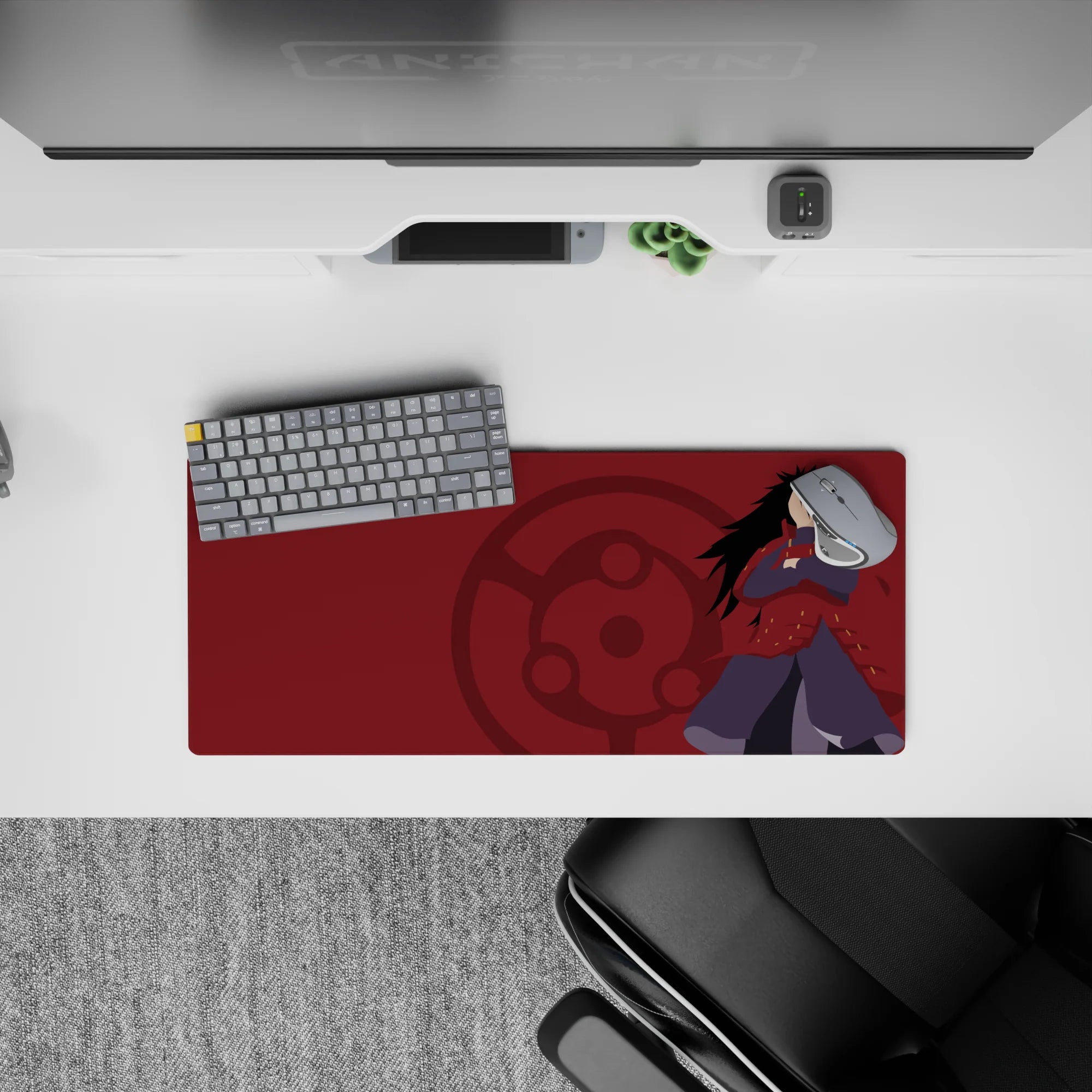 28x12 inches anime mouse pad in deep crimson with subtle Sharingan emblem, bold yet classy vibe.