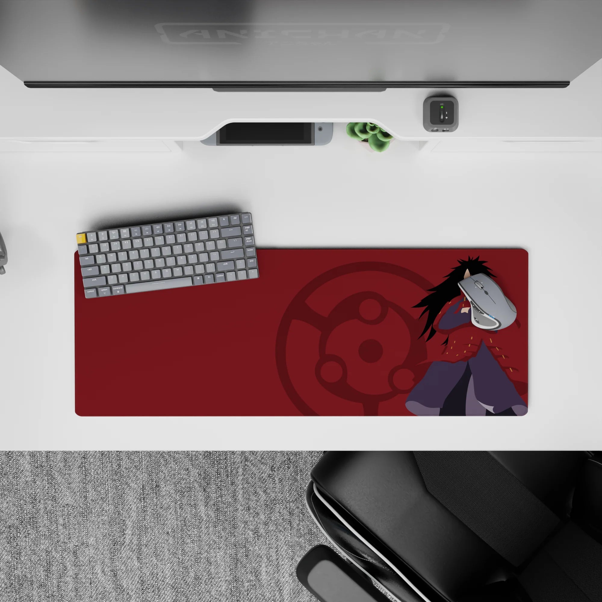 Deep crimson anime mouse pad with subtle Sharingan emblem, calm ominous vibe, 32x12 inches.