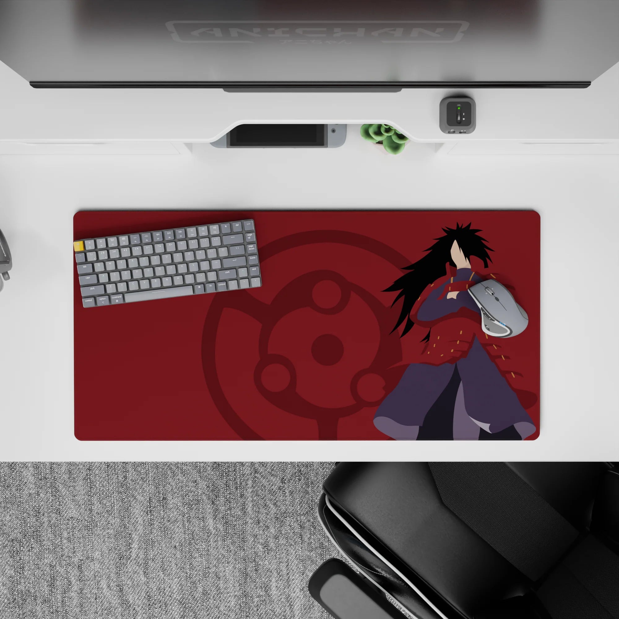 32x16 inches anime mouse pad in deep crimson with subtle Sharingan emblem, calm dark vibe for desk setups.