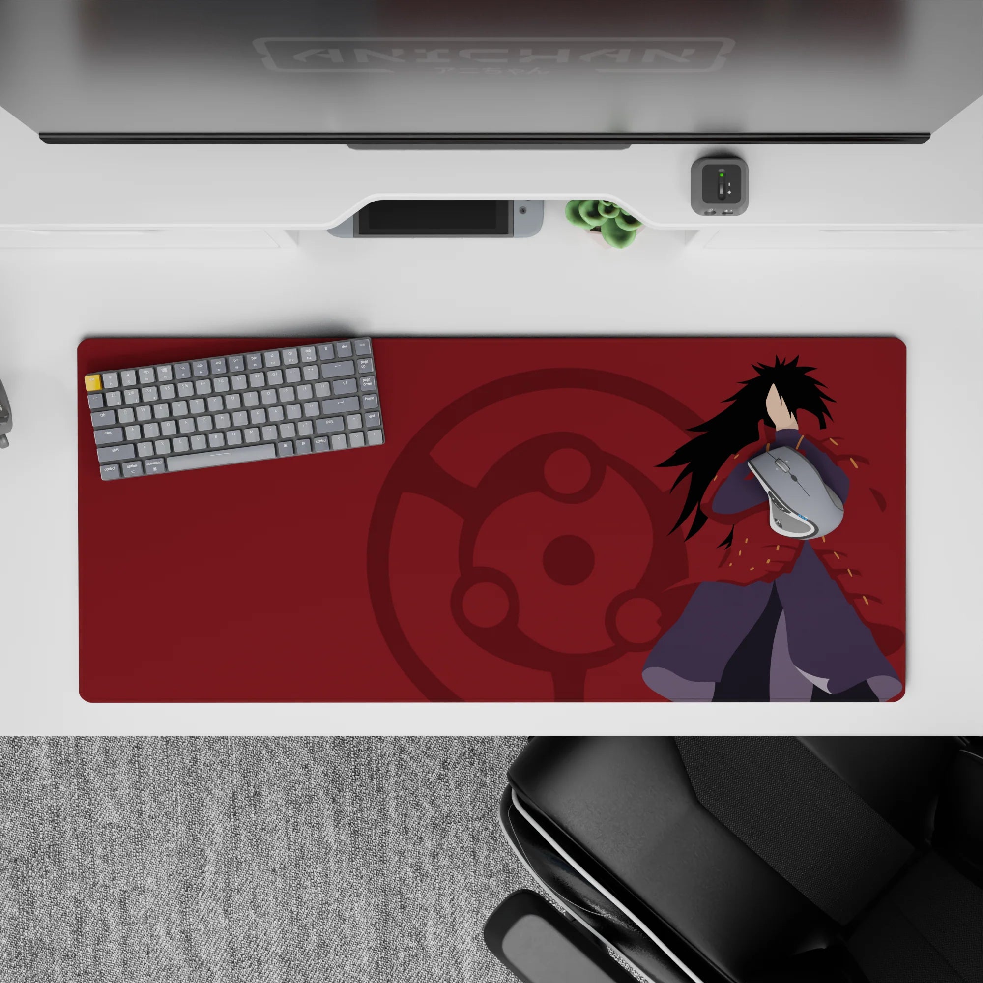 36x16 inches deep crimson anime mouse pad with subtle Sharingan symbol and calm, intimidating vibe.