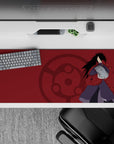 36x16 inches deep crimson anime mouse pad with subtle Sharingan symbol and calm, intimidating vibe.