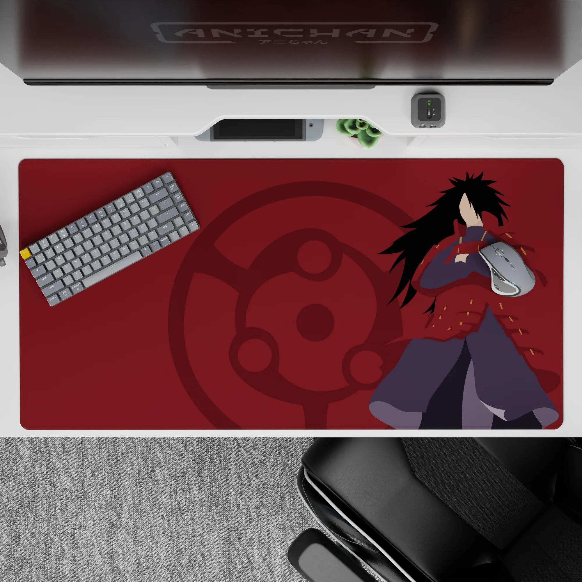 40x20 inches anime desk pad in deep crimson with subtle Sharingan emblem, bold yet classy vibe.