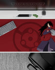 40x20 inches anime desk pad in deep crimson with subtle Sharingan emblem, bold yet classy vibe.