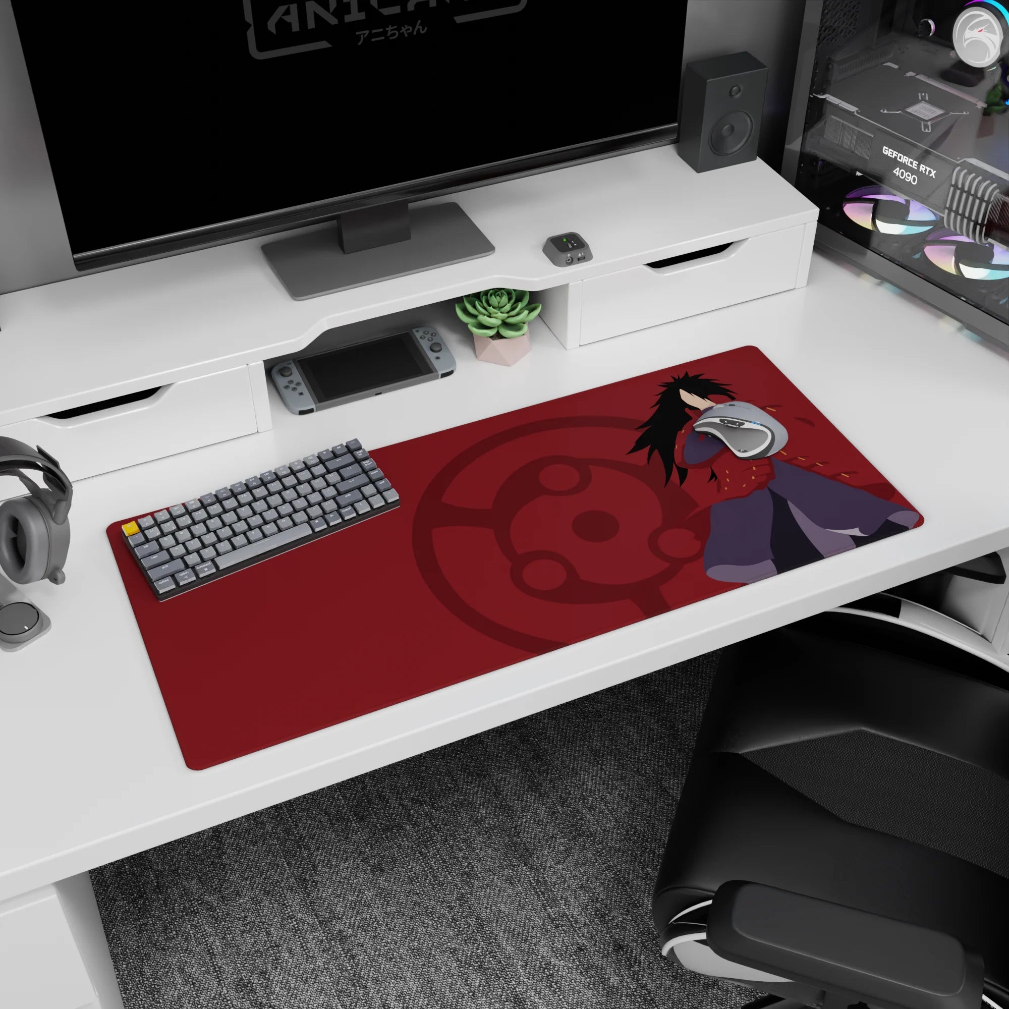 36x16 inches Naruto desk pad showing Madara Uchiha arms crossed on a red backdrop, scary-cool look.