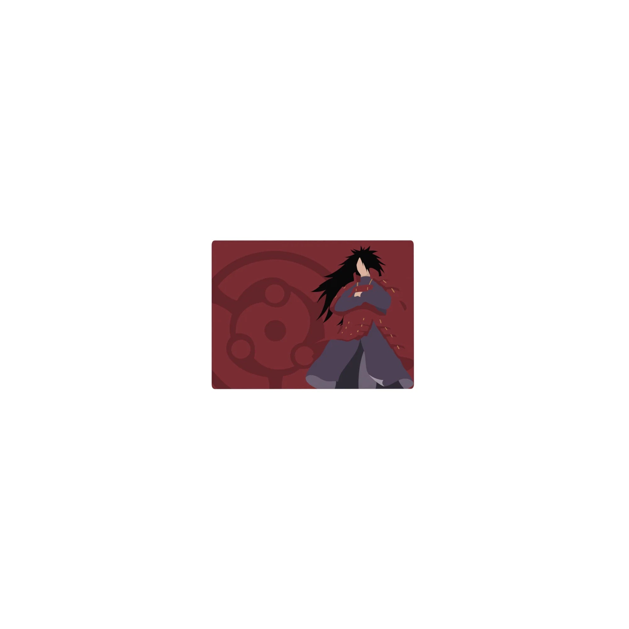Classic anime mouse pad 14x10 inches with Madara-style Uchiha design, crossed arms, clean flat shadows.