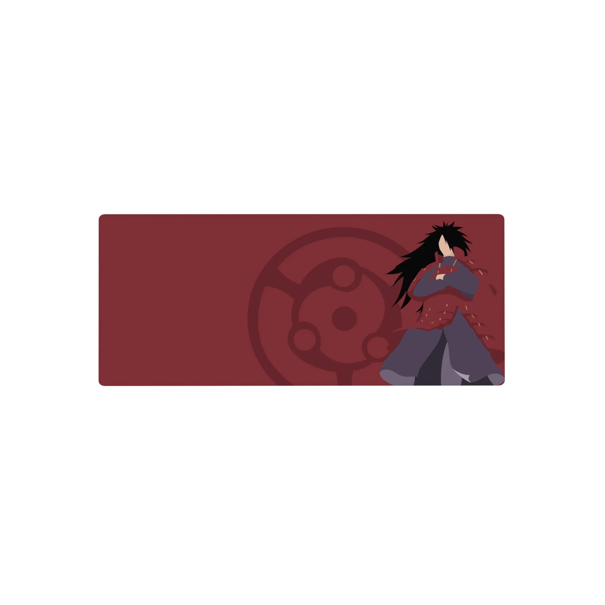 28x12 inches anime mouse pad with Madara Uchiha, crossed arms, Sharingan crest, clean flat shadows.