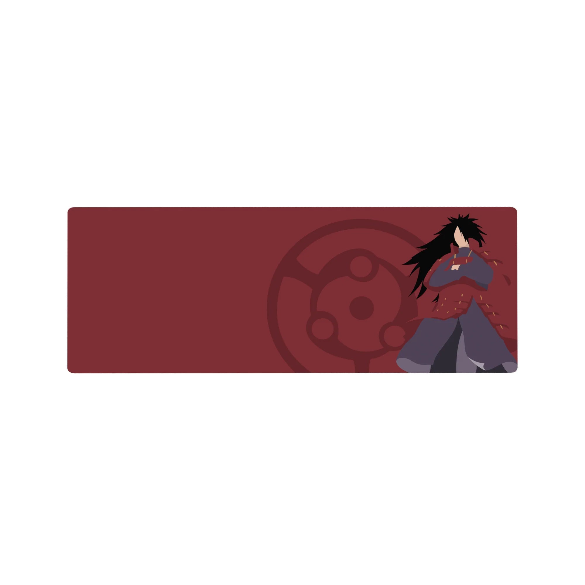 Naruto Madara Uchiha desk mouse pad, crimson Sharingan crest, flat shadows, 32x12 inches.