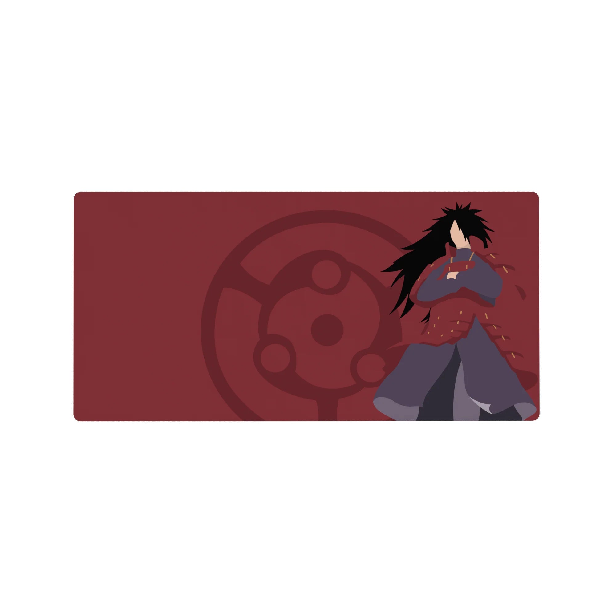 32x16 inches anime mouse pad with Madara Uchiha, crossed arms, Sharingan crest, clean flat shadows.