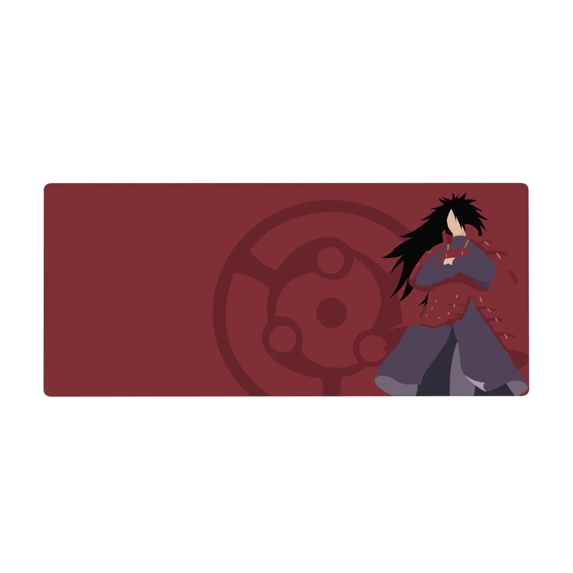 36x16 inches anime desk pad with Madara Uchiha, Sharingan crest, flat shadows, smooth glide.