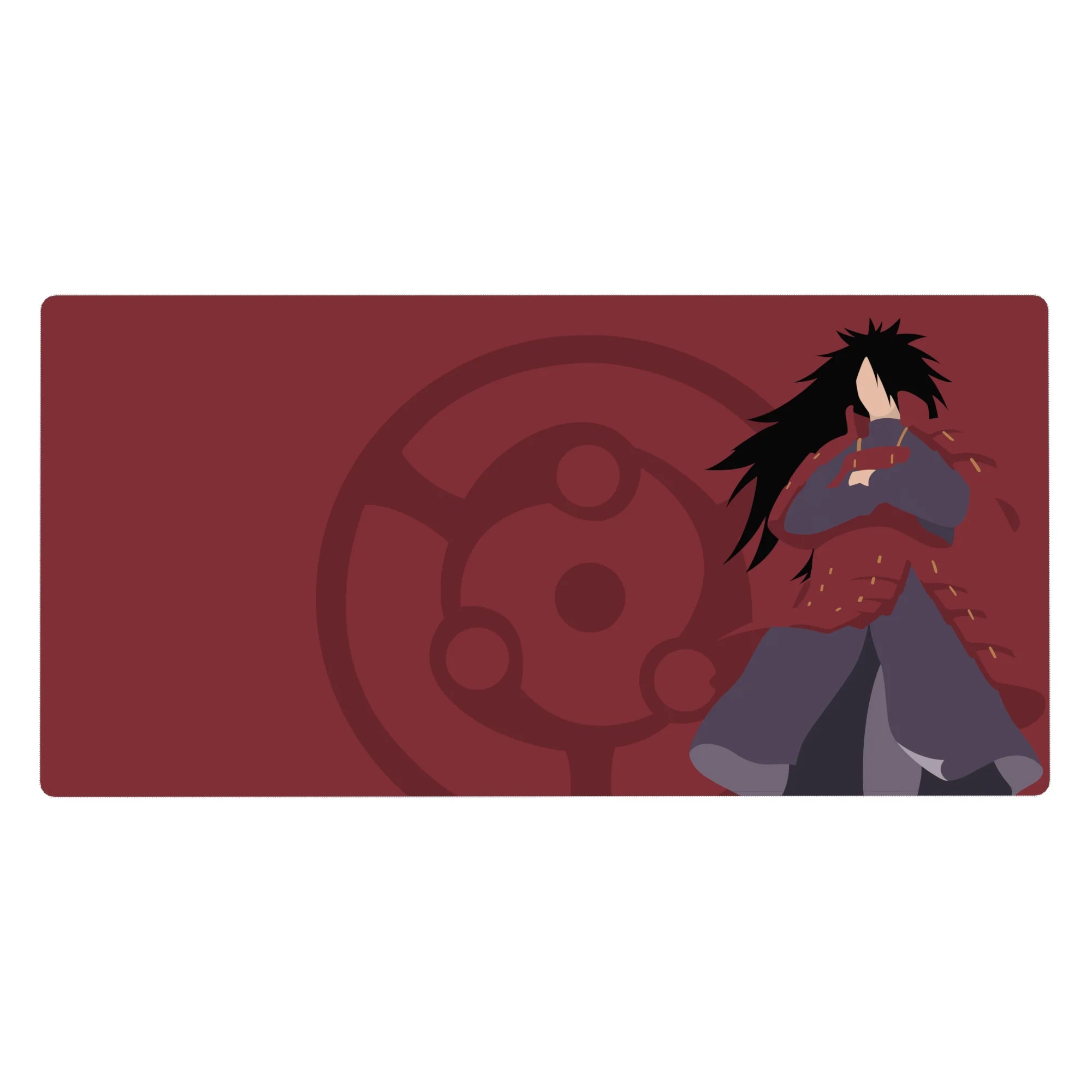 40x20 inches anime desk pad with Madara Uchiha, crimson backdrop, Sharingan crest, clean flat shadows.