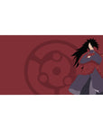 40x20 inches anime desk pad with Madara Uchiha, crimson backdrop, Sharingan crest, clean flat shadows.