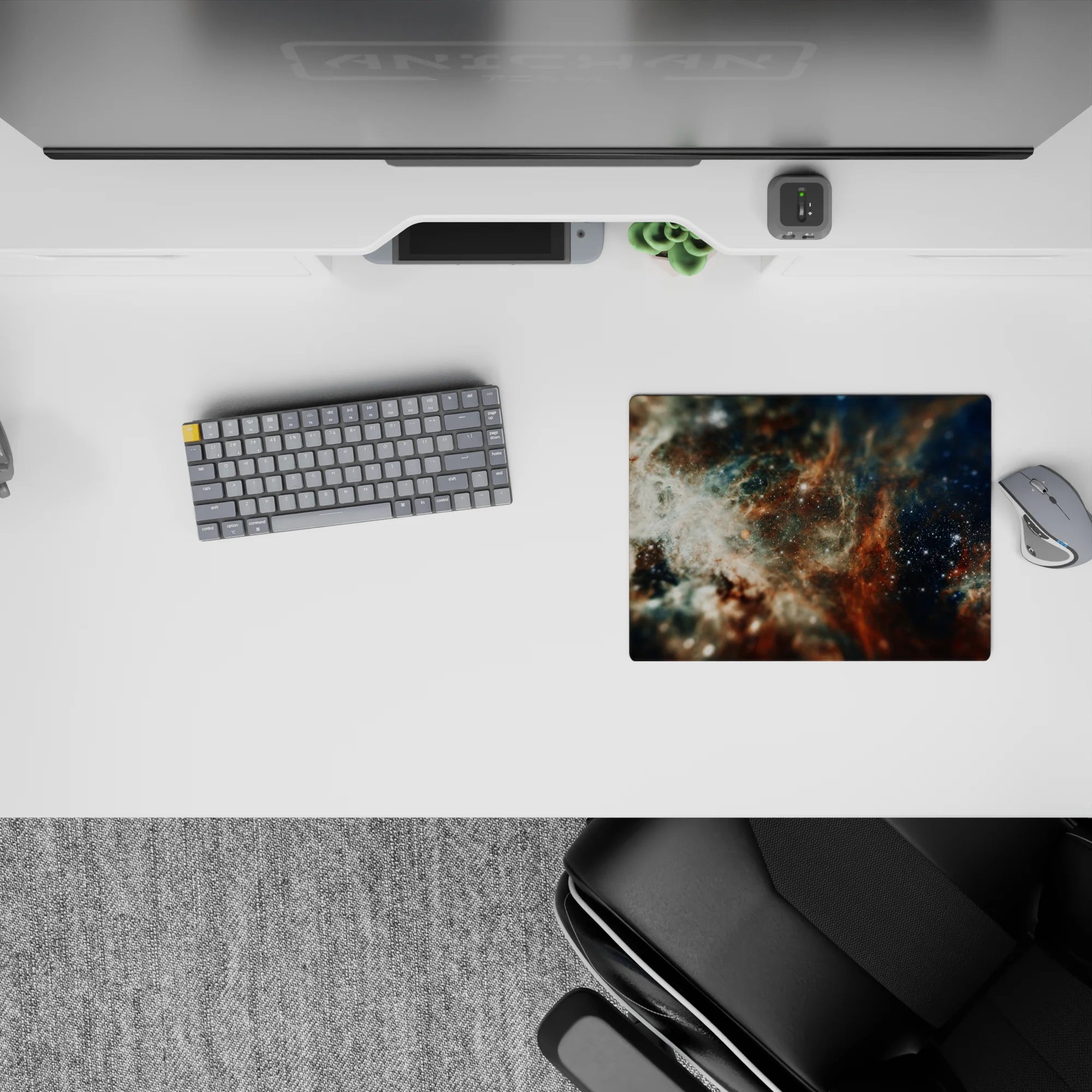 Moody navy, cloud-white, and rusty amber classic mouse pad 14x10 inches with calm night-sky vibe.