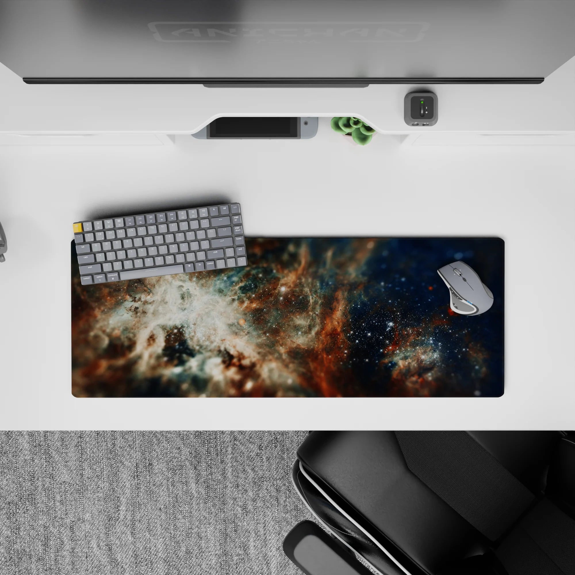 Deep navy, cloud-white and rusty amber 32x12 inches mouse pad with a calm, magical night-sky vibe.