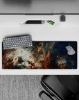 Deep navy, cloud-white and rusty amber 32x12 inches mouse pad with a calm, magical night-sky vibe.