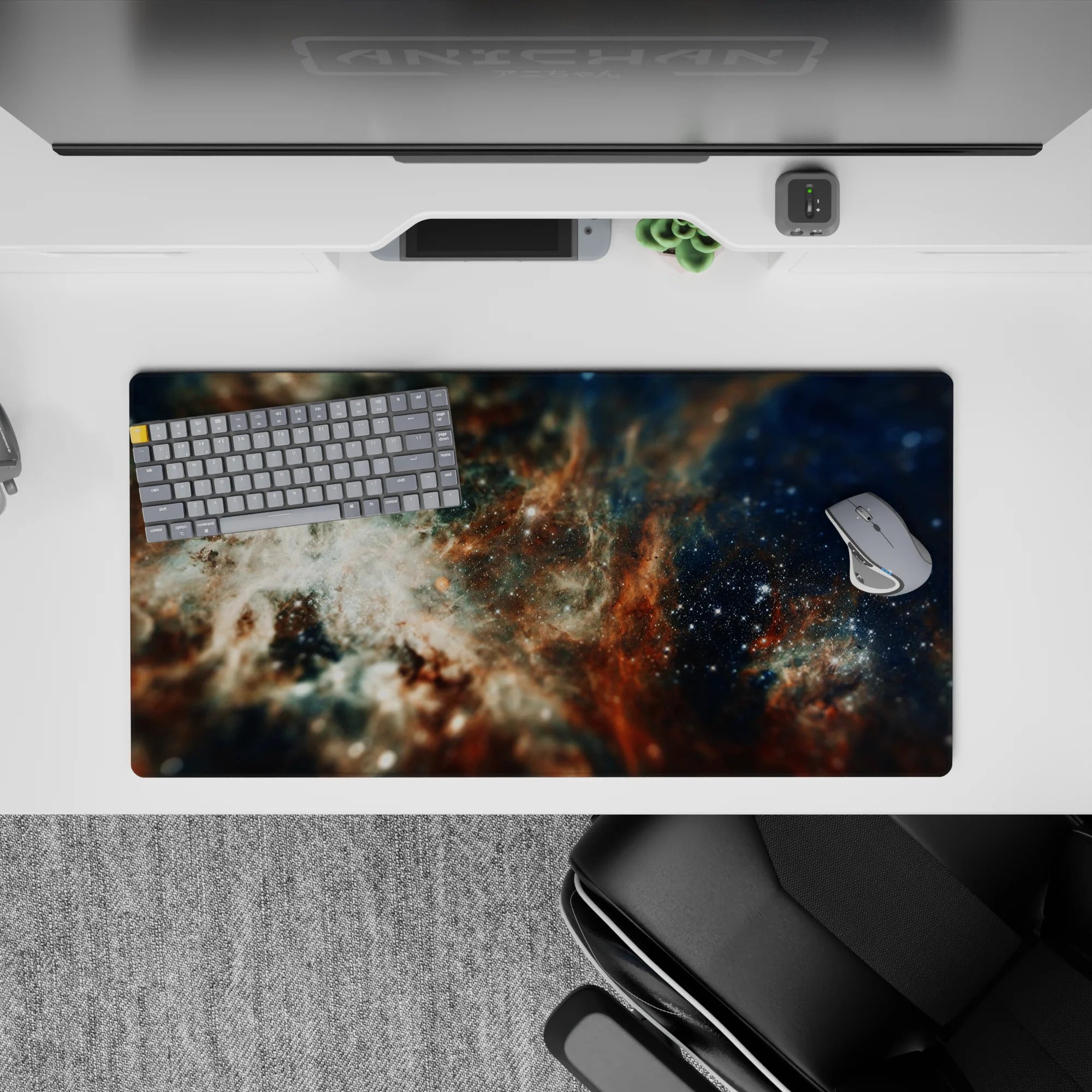 Moody navy, cloud-white, and rusty amber mouse pad 32x16 inches with calm night-sky vibes.
