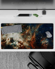 Moody navy, cloud-white, and rusty amber mouse pad 32x16 inches with calm night-sky vibes.