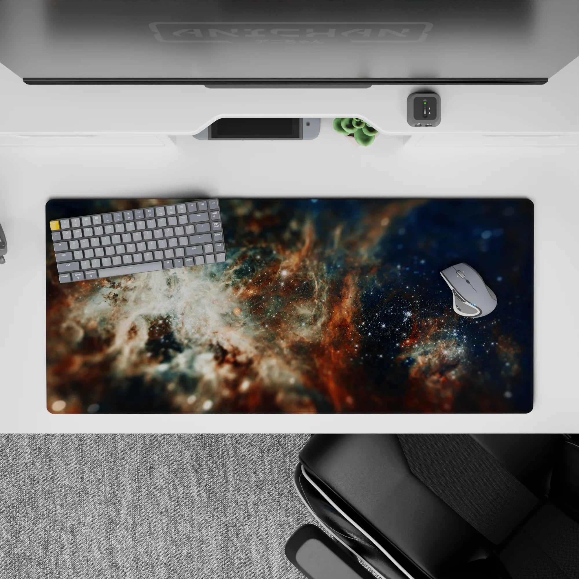 Deep navy, smoky white, and rusty amber desk pad 36x16 inches with calm night-sky mood and soft glow.