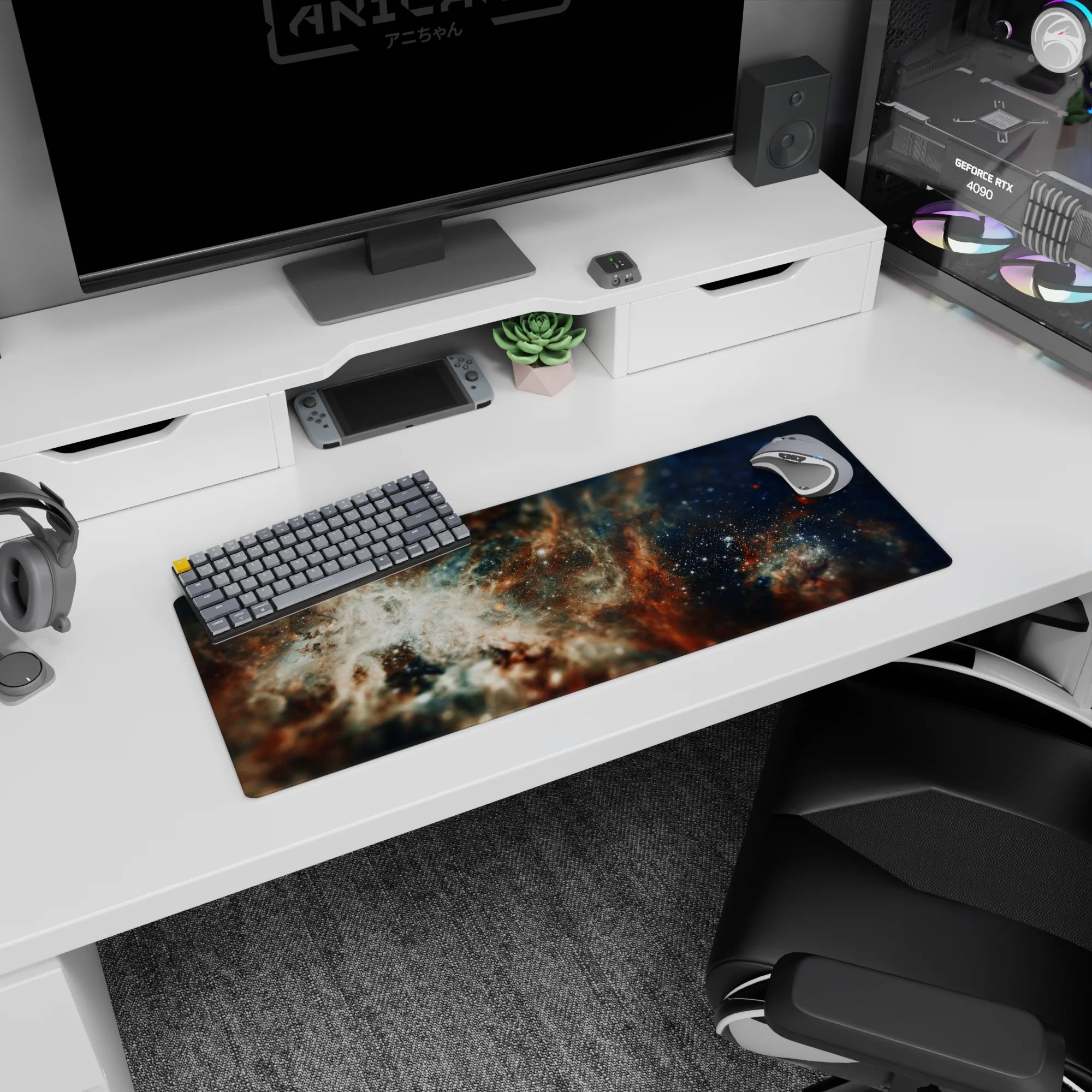 Cozy night-sky scene 32x12 inches mouse pad featuring wispy nebula clouds sprinkled with stars.