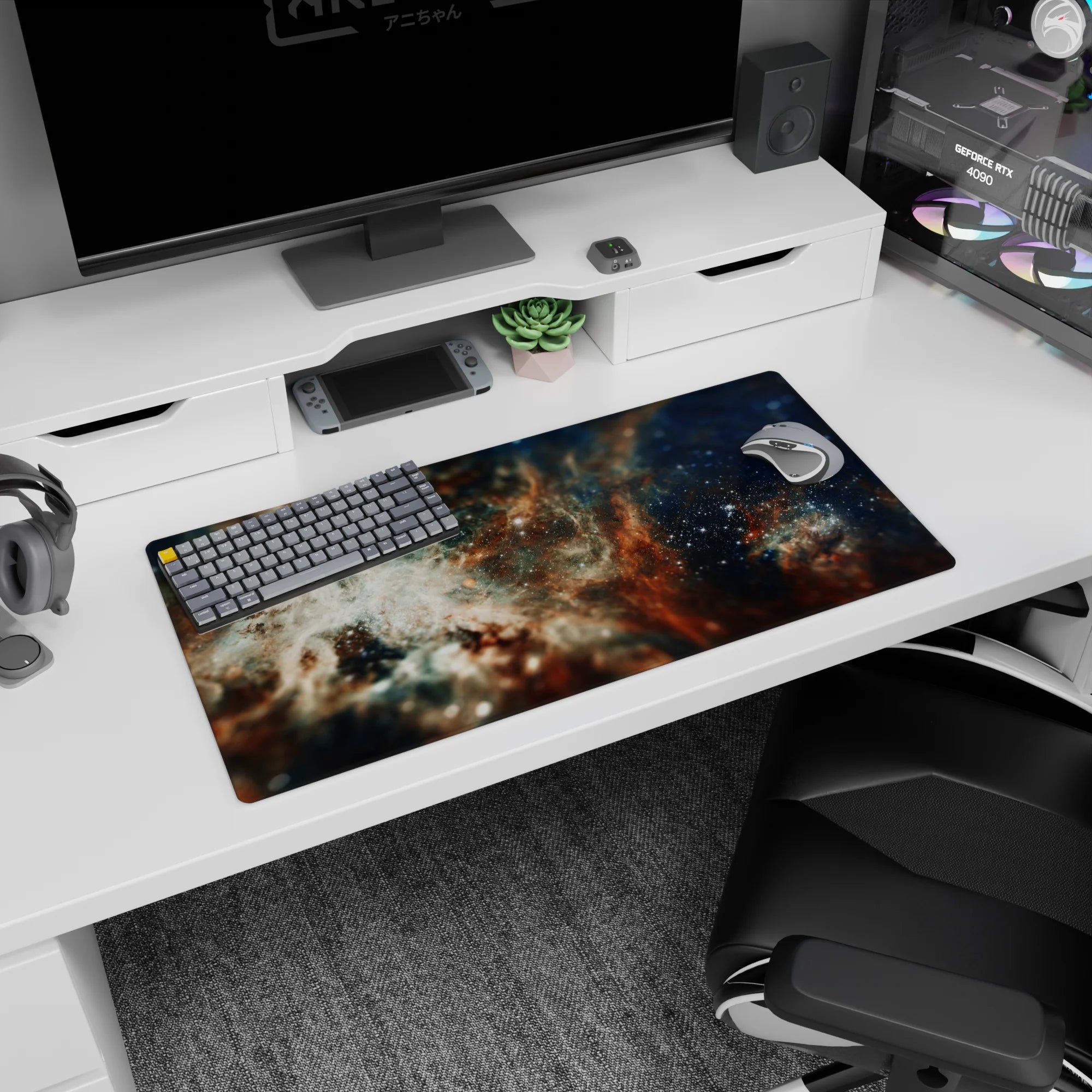 Star-speckled cosmic cloud scene mouse pad 32x16 inches, like a cozy nebula across your desk.