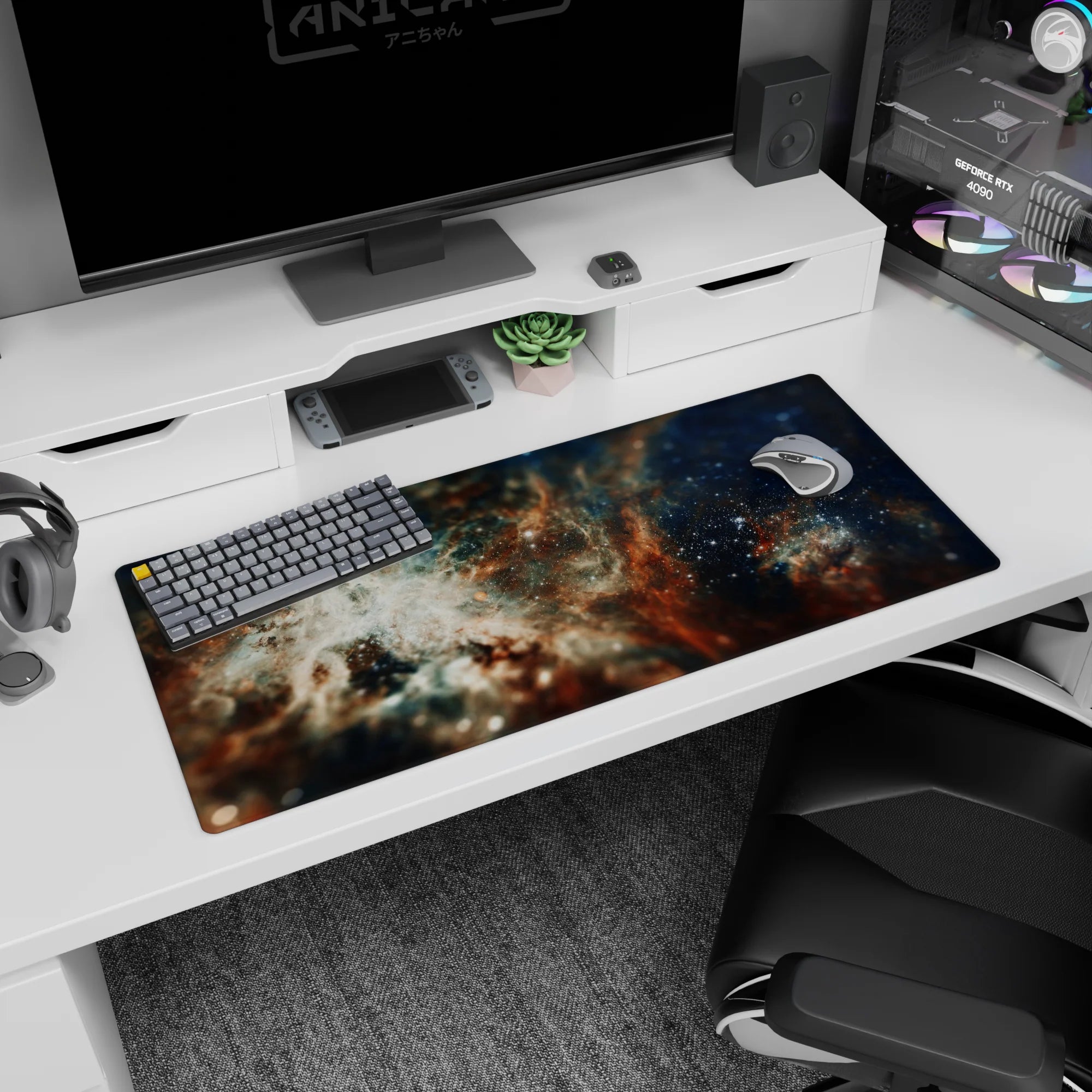 Nebula night sky scene desk pad 36x16 inches featuring cloud-like swirls and scattered starry flecks.