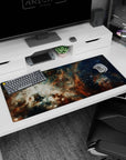 Nebula night sky scene desk pad 36x16 inches featuring cloud-like swirls and scattered starry flecks.