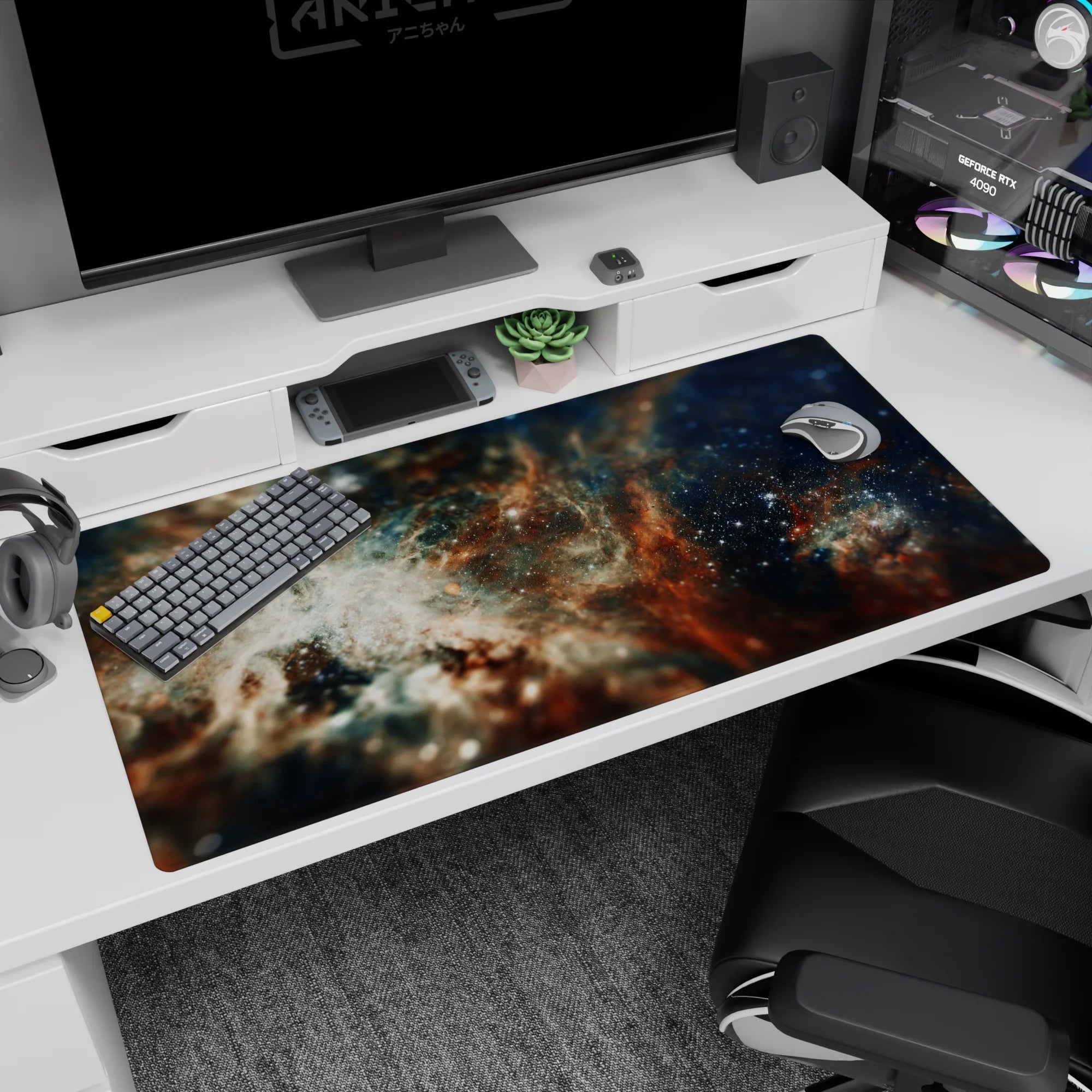 Nebula scene desk pad 40x20 inches featuring wispy clouds and scattered starlight across a galaxy.