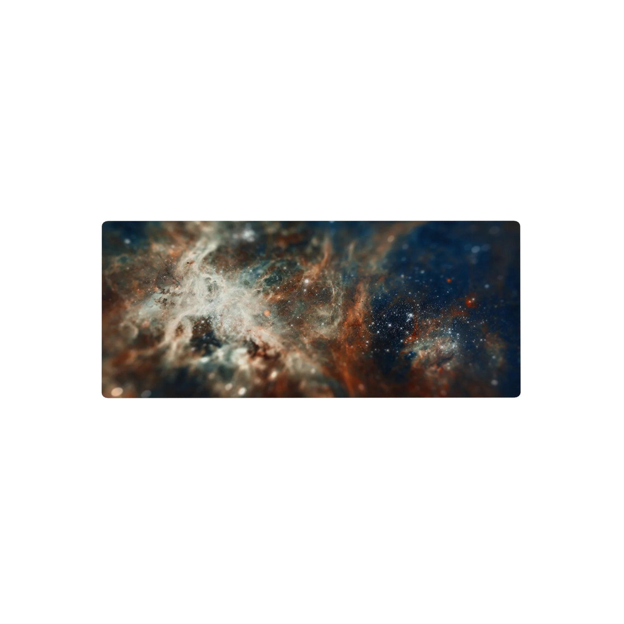 Galaxy nebula desk mouse pad, 28x12 inches, with soft gradients, wispy swirls, and star speckles.