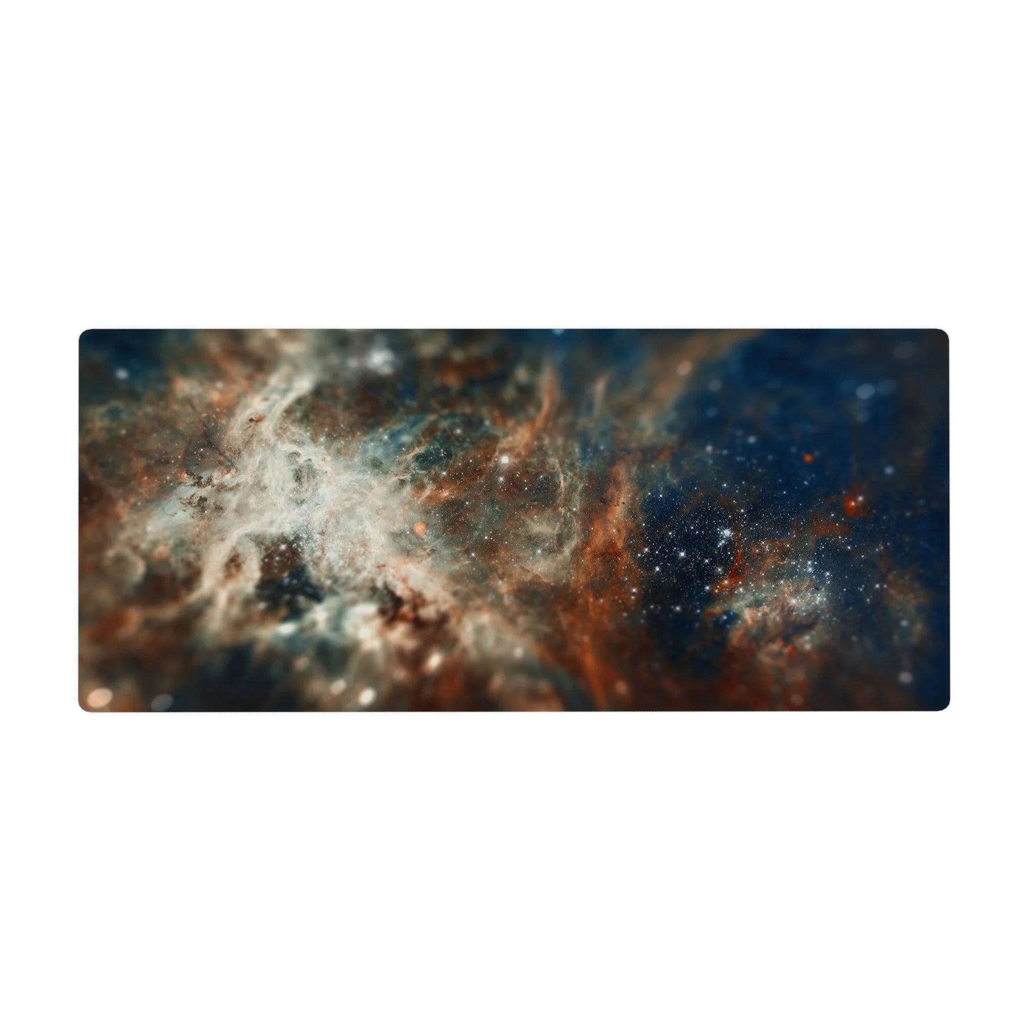 Galaxy nebula desk pad 36x16 inches with swirling gradients and tiny star specks for a cosmic workspace.