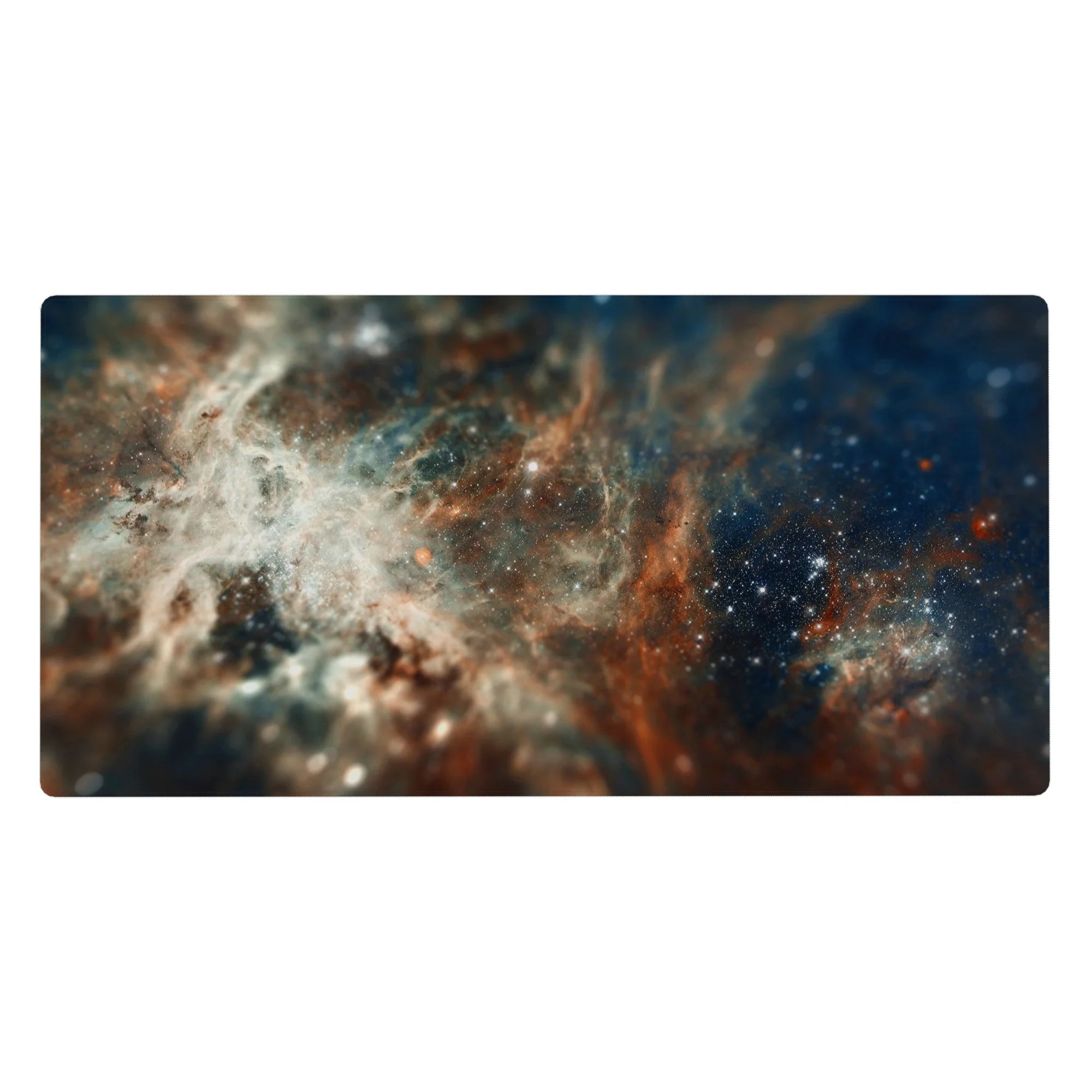 Galaxy-inspired desk pad 40x20 inches with swirling nebula gradients and tiny star specks.