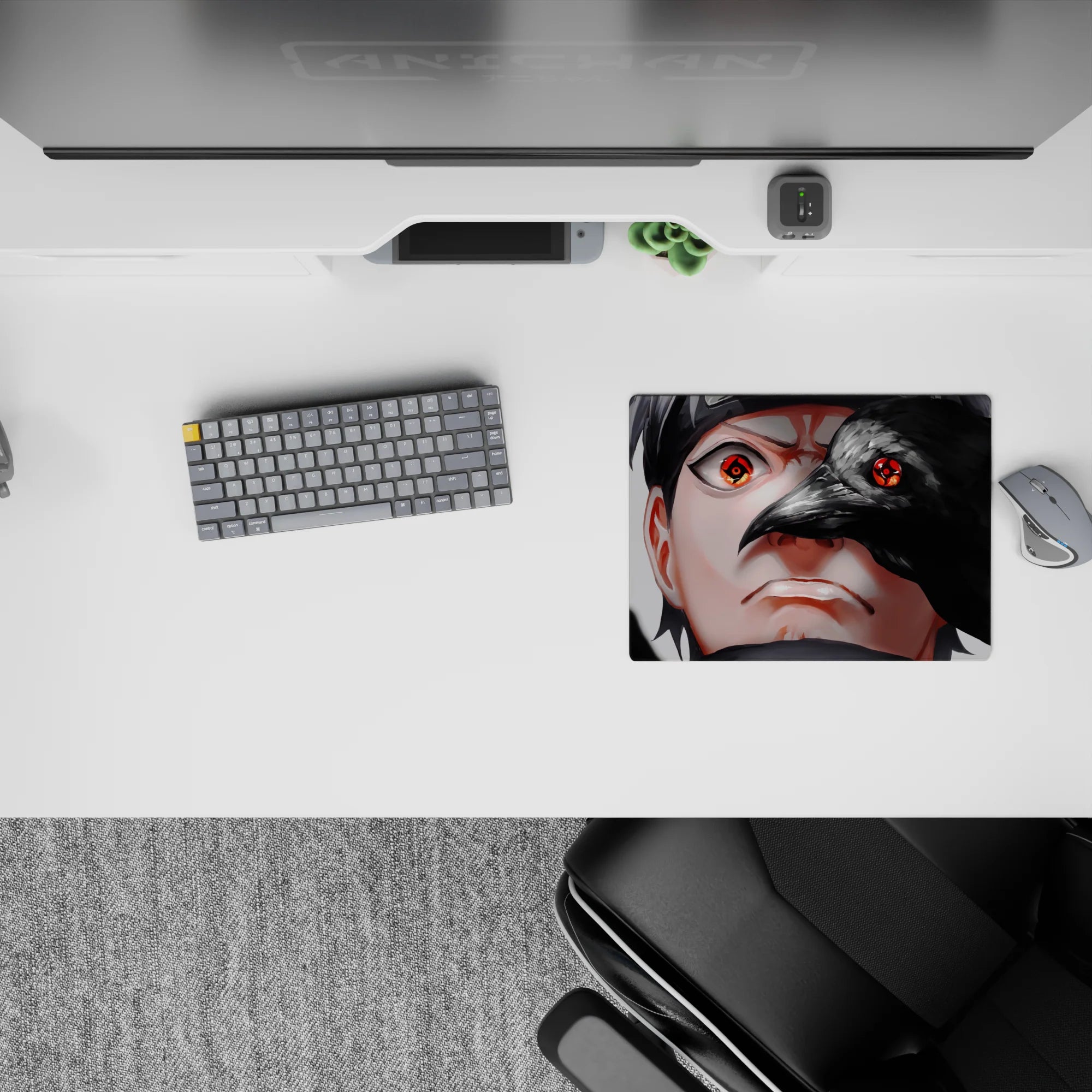 Dark smoky gray and glossy black 14x10 inches anime mouse pad with vivid red Sharingan, eerie vibe.
