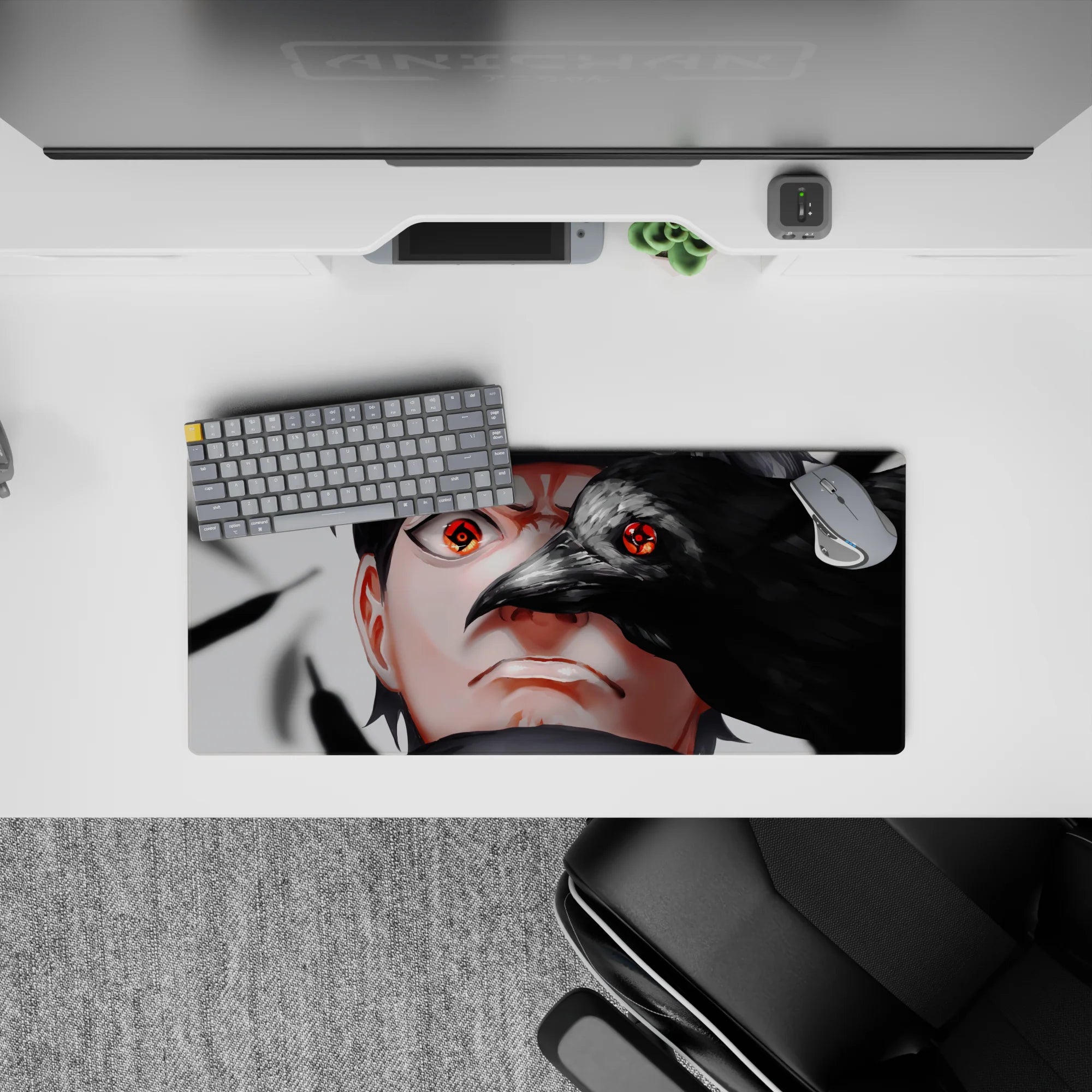 Dark smoky gray and glossy black anime mouse pad 28x12 inches with a piercing red Sharingan glow.