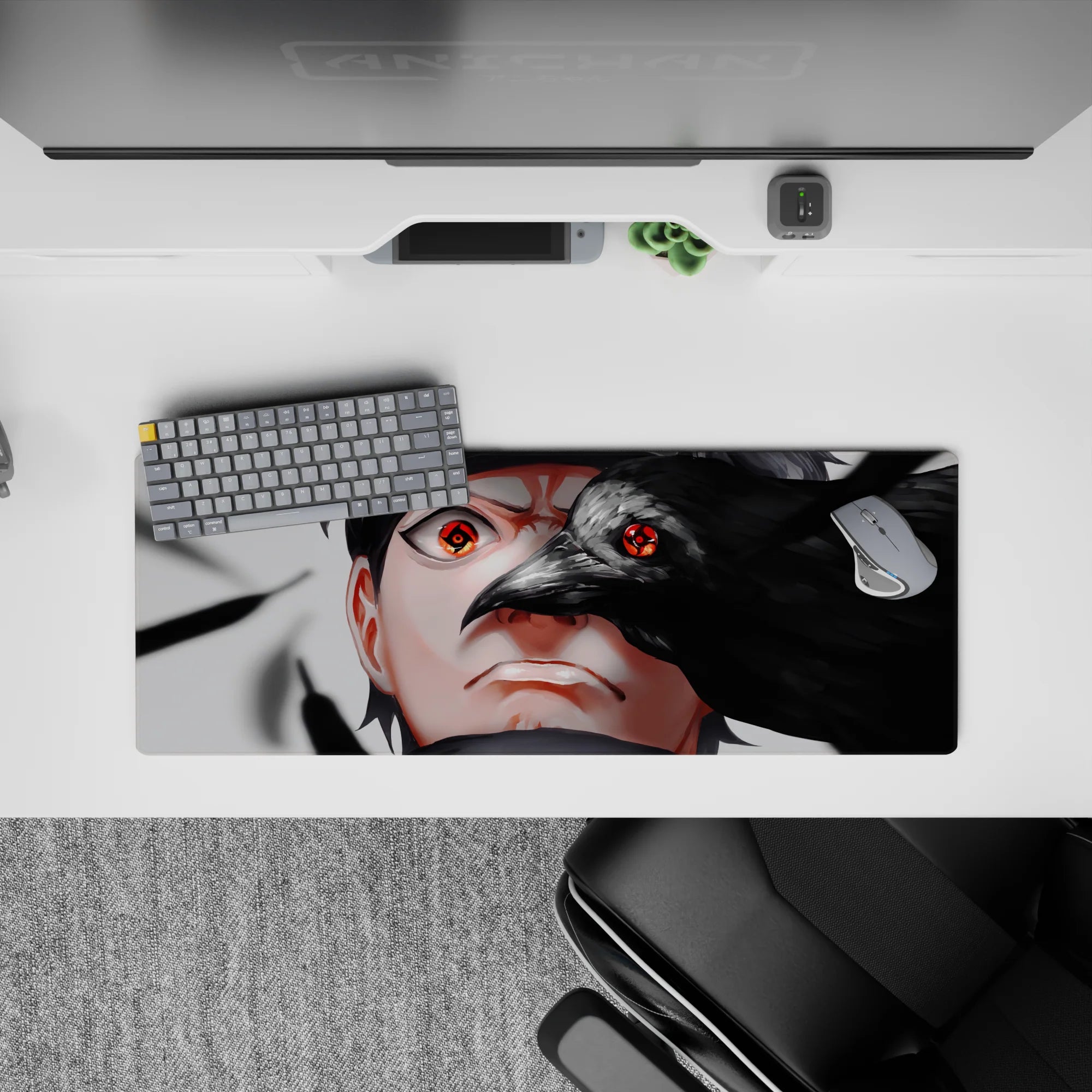 32x12 inches anime mouse pad in smoky grays and glossy black with vivid red Sharingan, dark vibe.
