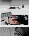 32x12 inches anime mouse pad in smoky grays and glossy black with vivid red Sharingan, dark vibe.