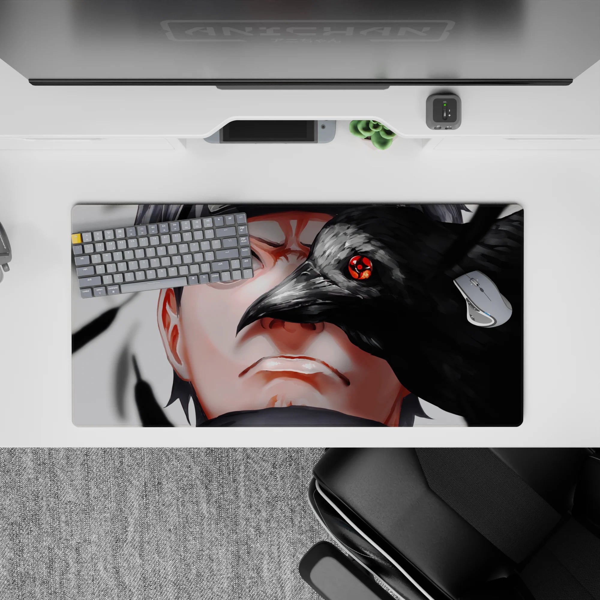 32x16 inches anime mouse pad in smoky gray and glossy black with vivid red Sharingan, dark eerie vibe.
