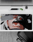 32x16 inches anime mouse pad in smoky gray and glossy black with vivid red Sharingan, dark eerie vibe.