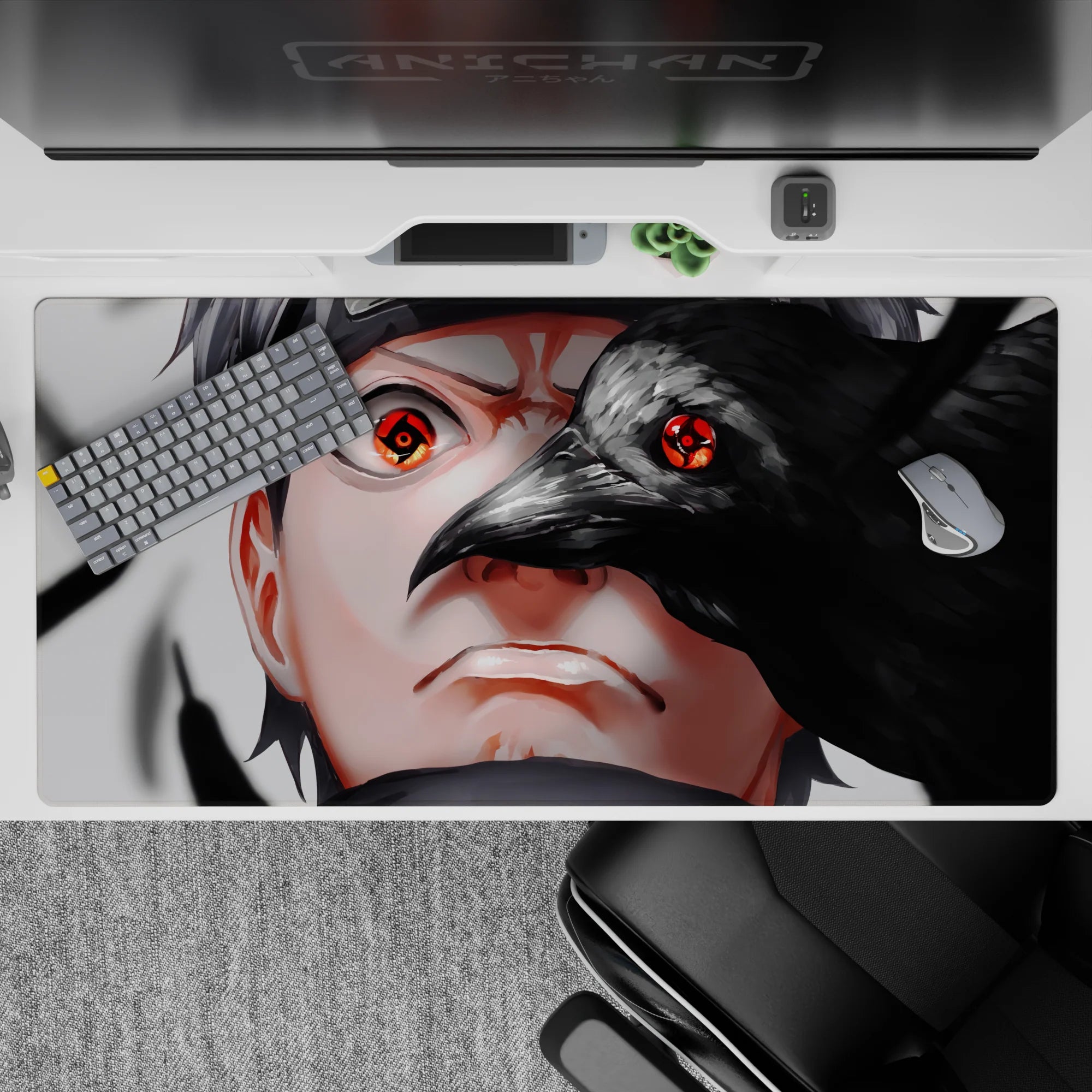 40x20 inches anime desk pad in smoky grays and glossy blacks with a red Sharingan, dark hypnotic vibe.