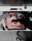 40x20 inches anime desk pad in smoky grays and glossy blacks with a red Sharingan, dark hypnotic vibe.