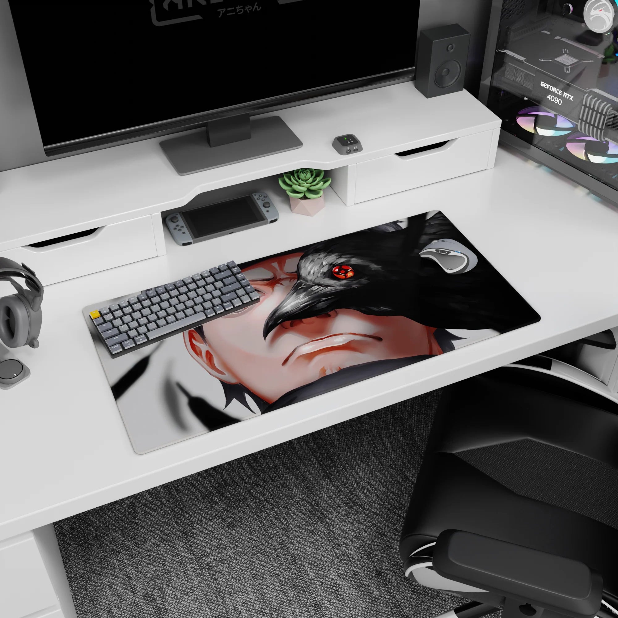 32x16 inches Naruto mouse pad featuring Sasuke’s intense stare as a crow cuts across his face.