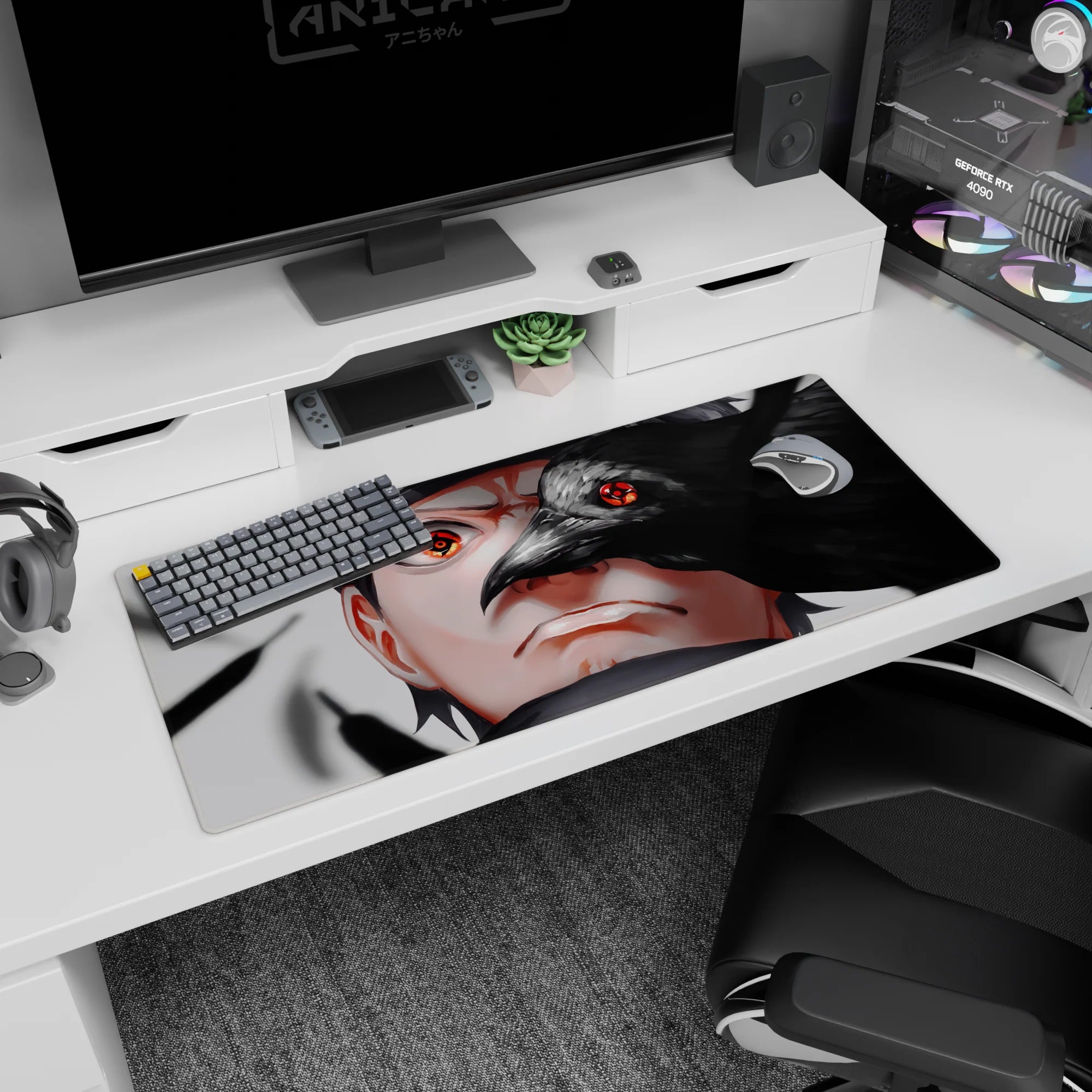 36x16 inches anime desk pad showing Sasuke’s Sharingan eye as a crow cuts across his face, eerie vibe.