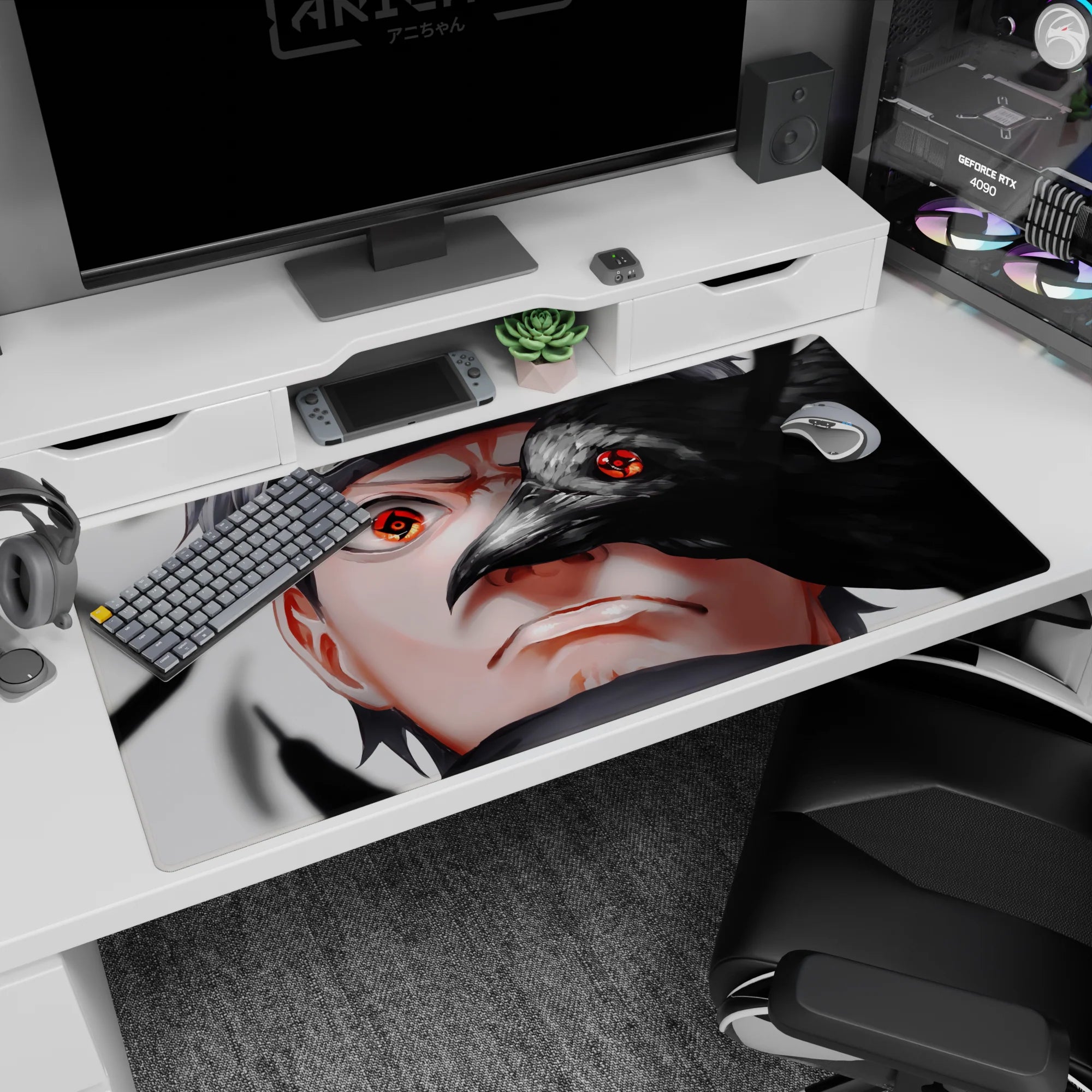 40x20 inches Naruto desk pad showing Sasuke Uchiha staring forward as a crow cuts across his face.
