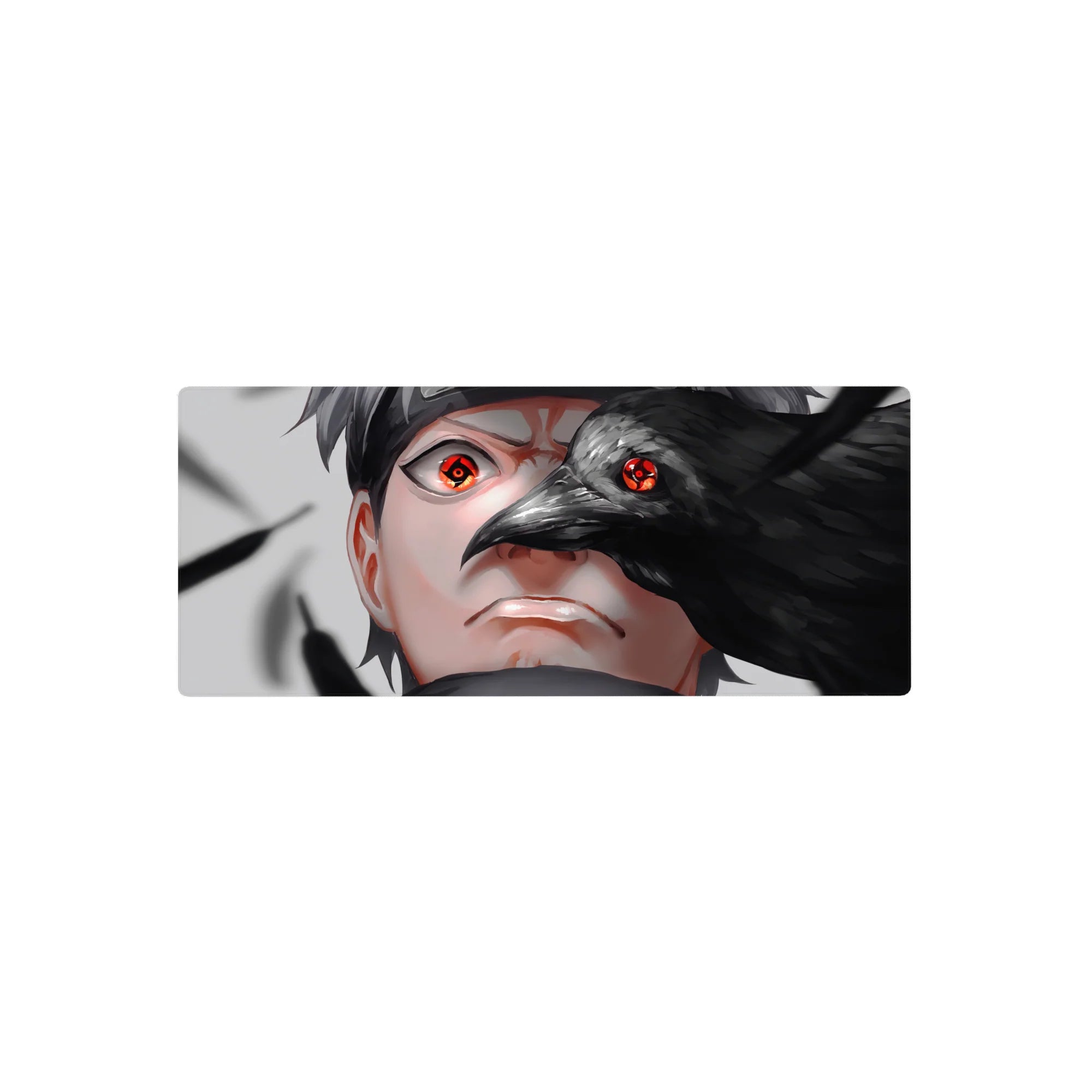 Anime mouse pad 28x12 inches featuring Sasuke Uchiha with a crow and bold Sharingan artwork.