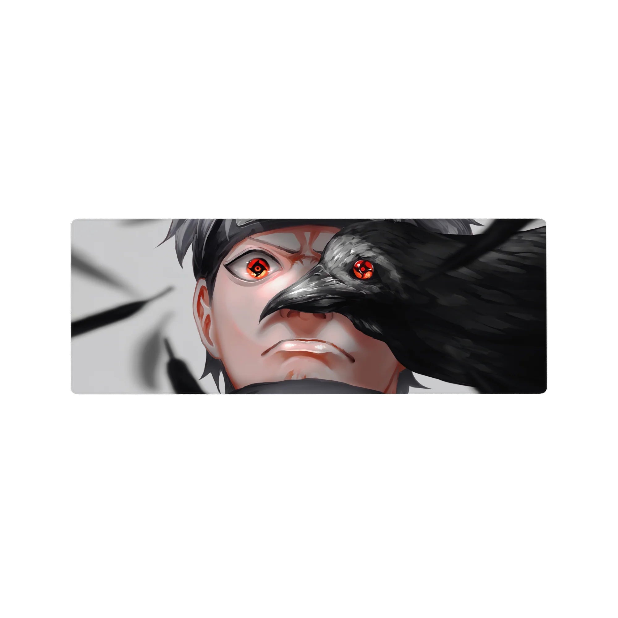 32x12 inches anime mouse pad with Sasuke Uchiha and a crow overlay, sleek desk mat for gaming.