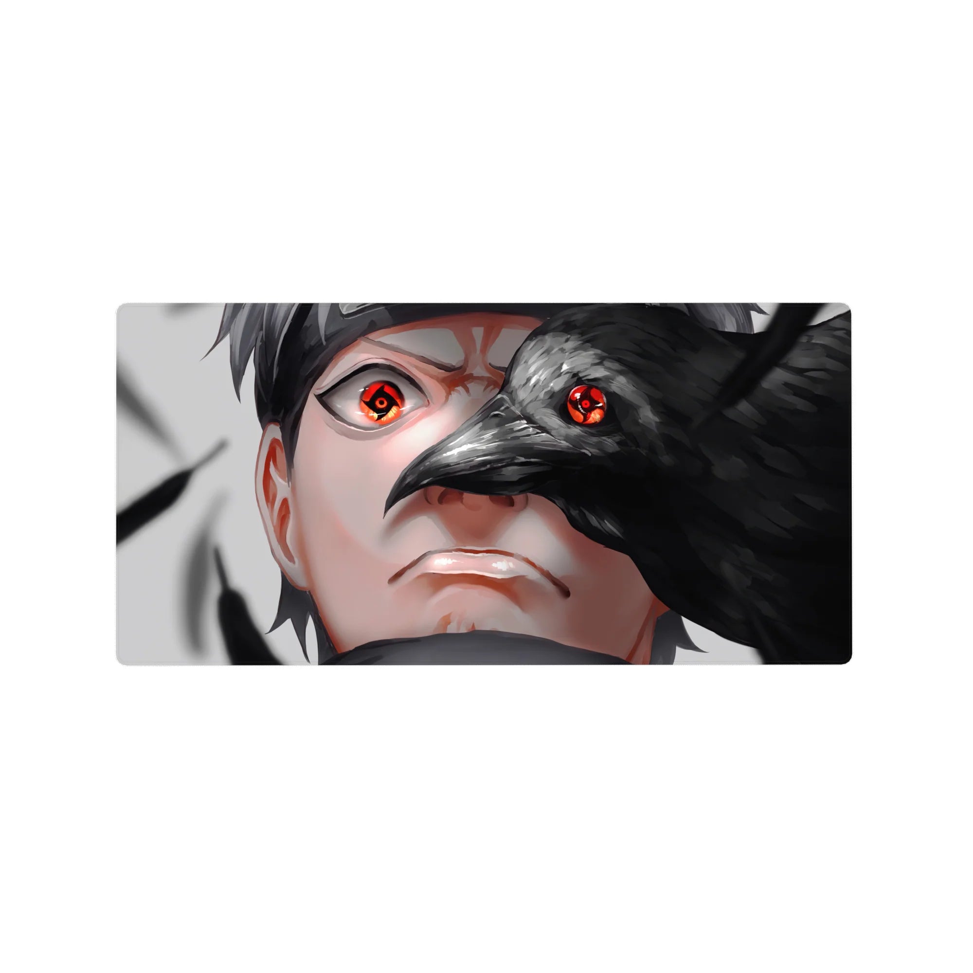 32x16 inches anime mouse pad with Sasuke Uchiha and crow overlay, sleek desk mat for gaming setup.
