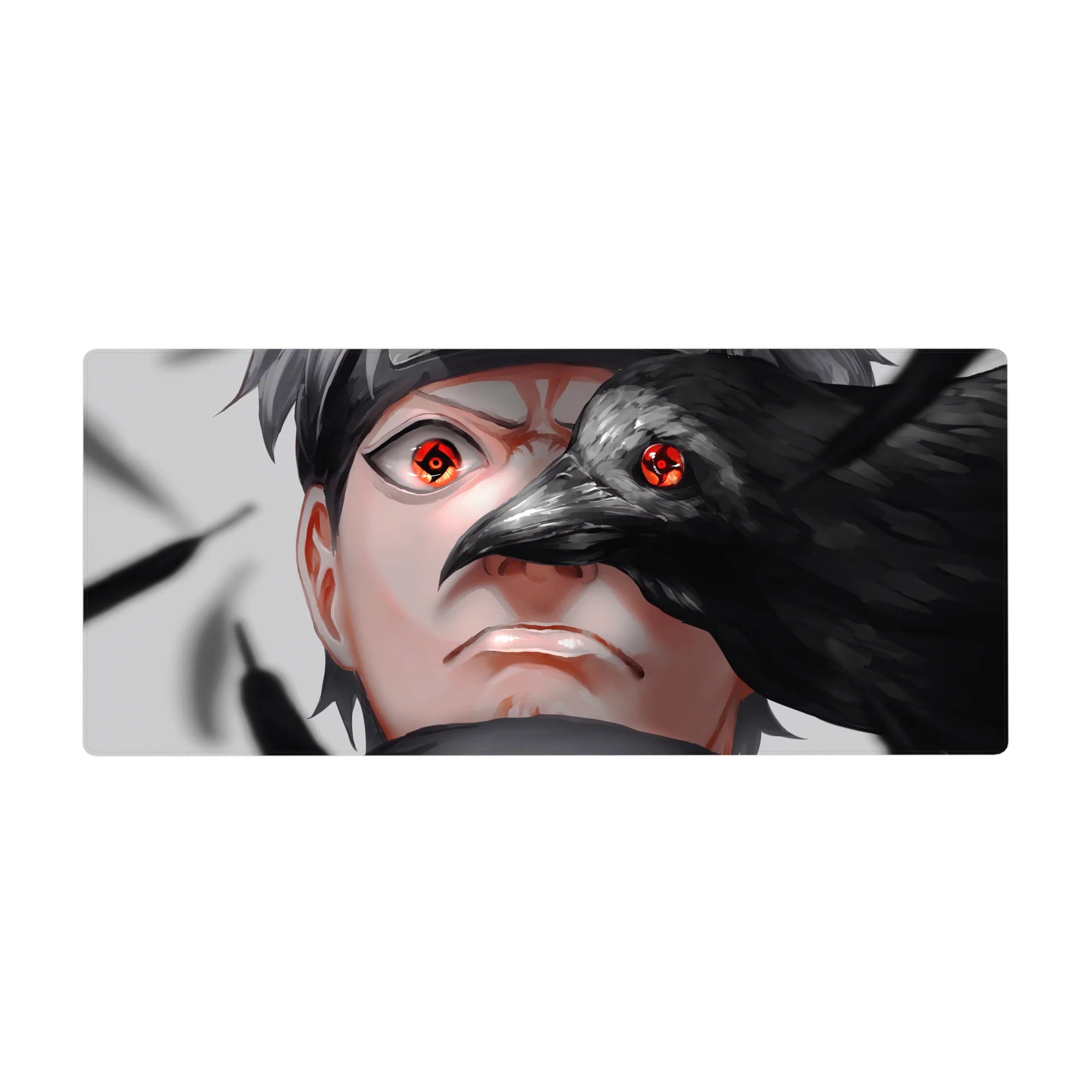 36x16 inches anime desk pad with Sasuke Uchiha and crow overlay, sharp feathers and intense stare.